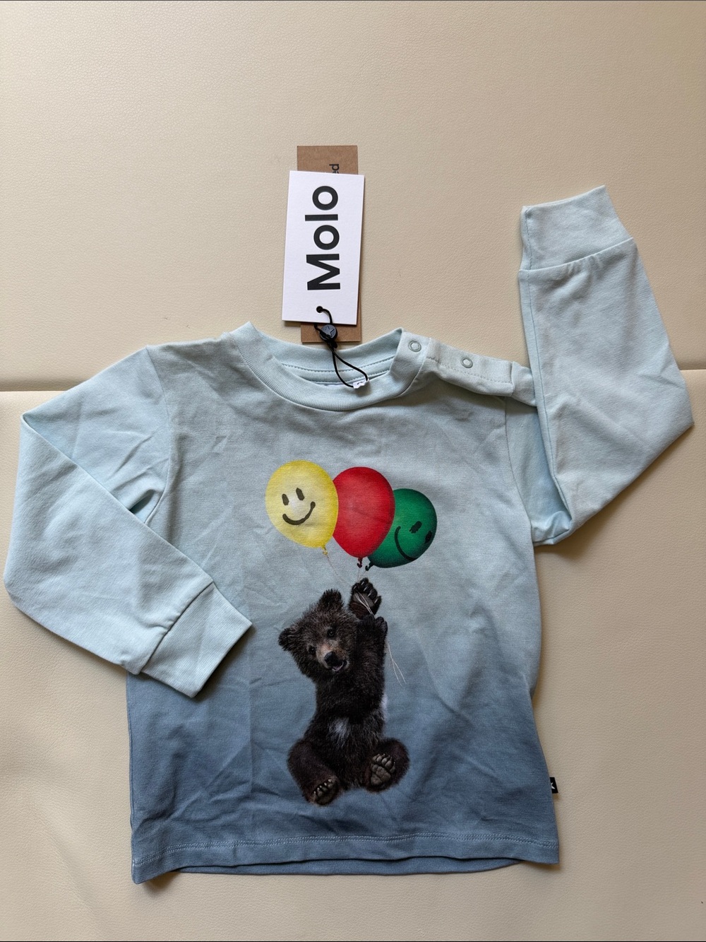 New NWT Molo Light Blue Gradient Bear With Balloons Long-Sleeve Tee